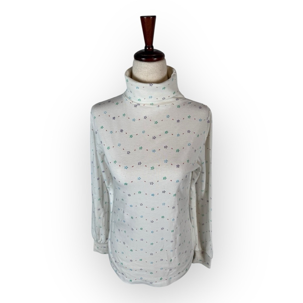 Vintage White Delicate Flower Pattern Fold Over Turtleneck Long Sleeve Top Small - Picture 2 of 7